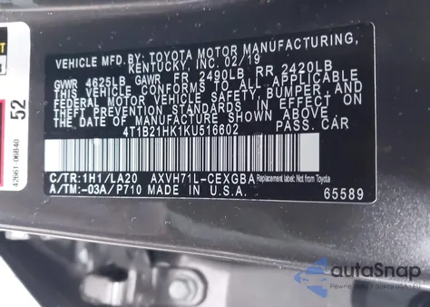 2019 Toyota Camry Hybrid Xle из США, поврежденный, VIN 4T1B21HK1KU516602
